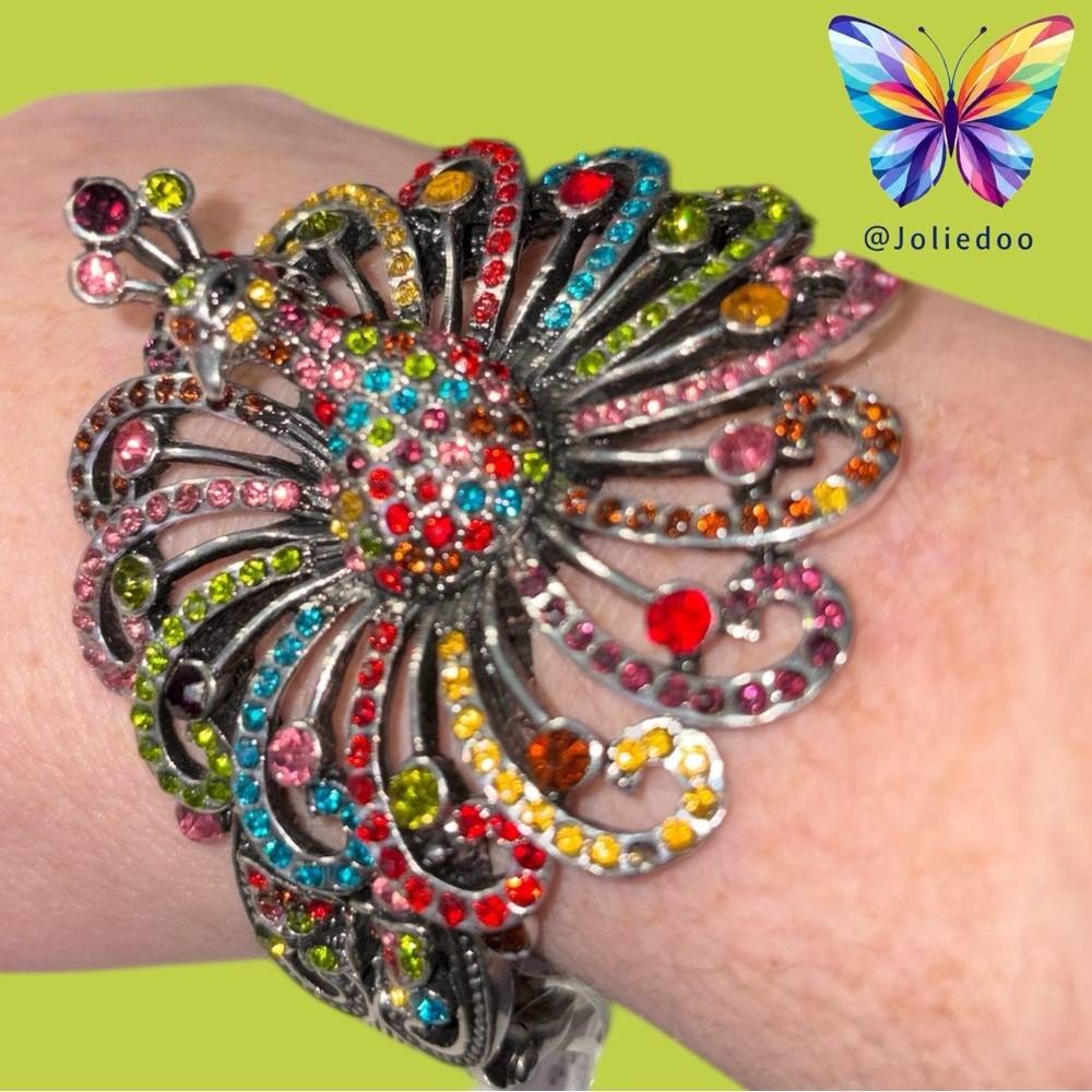 Colorful Peacock Crystal Dangle Cuff Bracelet NWT